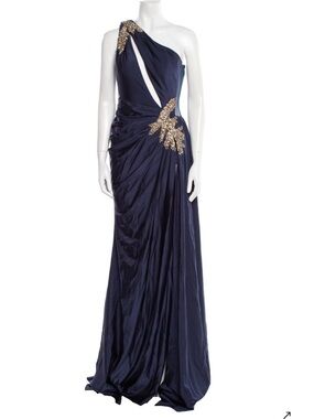 Portia and Scarlett Navy One-Shoulder Maxi Gown with Gold Sequin Accents